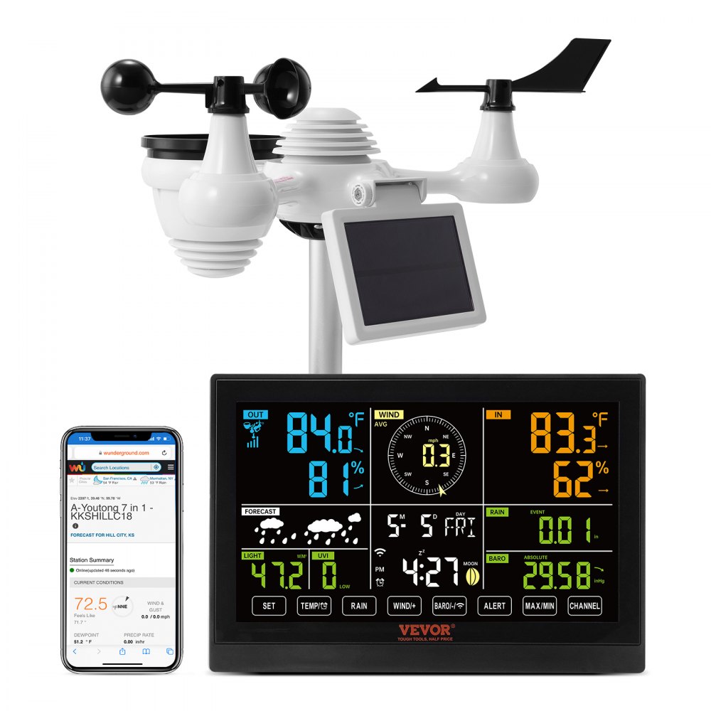 VEVOR 7-in-1 Wi-Fi Weather Station, 7.5 in Color Display, Home Weather Station Indoor Outdoor, with Solar Wireless Outdoor Sensor  Alarm Alerts, for Temperature Humidity Wind Speed/Direction Rain - TYNQ75VAWIFI7T9PDV1