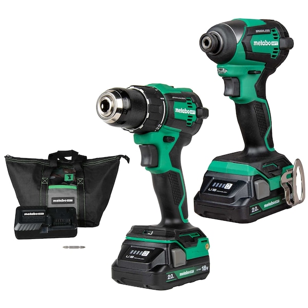 Metabo Hpt 18V MV Cordless Brushless Driver Drill / Impact Driver 2 x 2.0Ah  #2 Phillips Bit & Bag - KC18DEXQBM