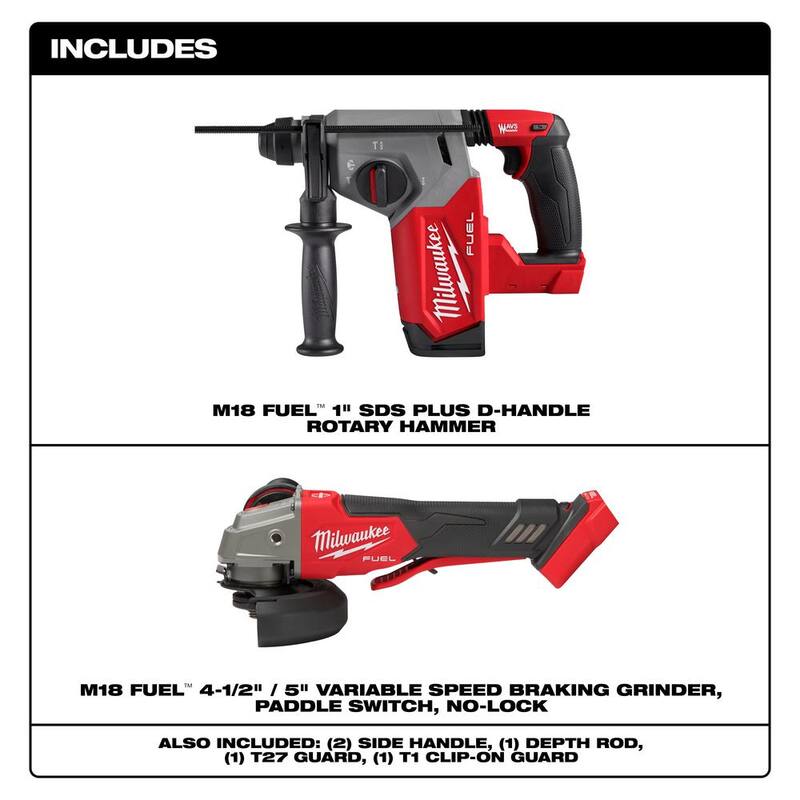 Martillo rotativo Milwaukee M18 FUEL 18V de ion de litio sin escobillas inalámbrico SDS-Plus de 1 pulgada (herramienta solamente) con amoladora de 4-1/2 pulgadas/5 pulgadas - 2912-20-2888-20