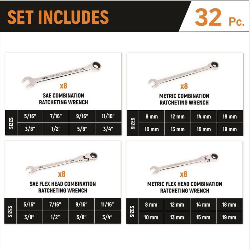 Juego de llaves de trinquete estándar y de cabeza flexible SAE/MM de 90 dientes GEARWRENCH 90T (32 piezas) - 86667-06CB