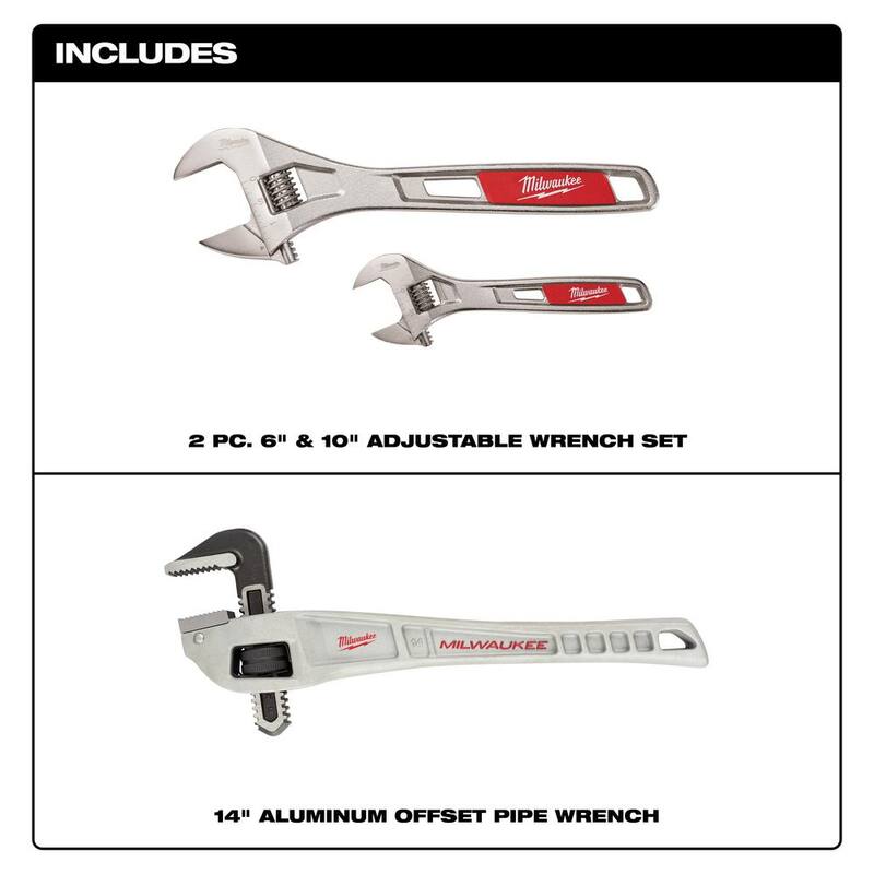 Juego de llaves ajustables de 6 y 10 pulgadas de Milwaukee con llave de tubo de aluminio con offset de 14 pulgadas (3 piezas) - 48-22-7400-48-22-7184