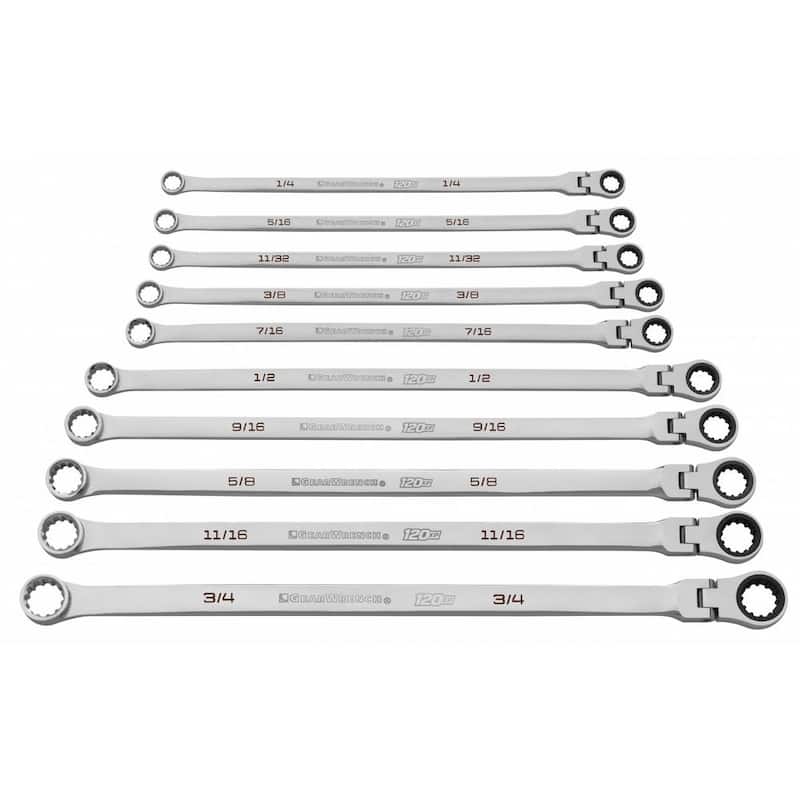 Juego de llaves de trinquete GearBox con cabezal flexible XL de 120 dientes y estriado universal SAE (10 piezas) - 86142
