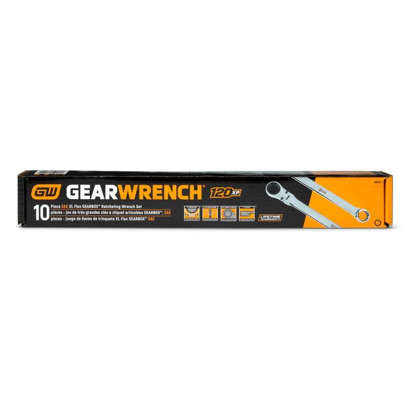 Juego de llaves de trinquete GearBox con cabezal flexible XL de 120 dientes y estriado universal SAE (10 piezas) - 86142