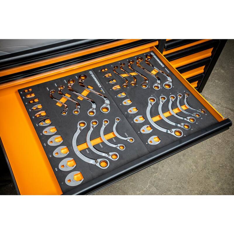 Juego de llaves de trinquete métricas especiales reversibles con cabeza abierta de 3/8 pulg. de GEARWRENCH con bandeja de almacenamiento de espuma EVA (20 piezas)