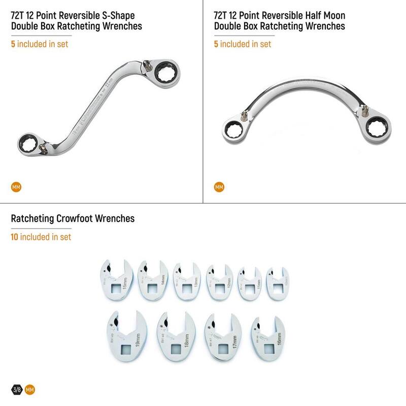 Juego de llaves de trinquete métricas especiales reversibles con cabeza abierta de 3/8 pulg. de GEARWRENCH con bandeja de almacenamiento de espuma EVA (20 piezas)