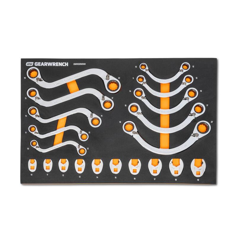 Juego de llaves de trinquete métricas especiales reversibles con cabeza abierta de 3/8 pulg. de GEARWRENCH con bandeja de almacenamiento de espuma EVA (20 piezas)