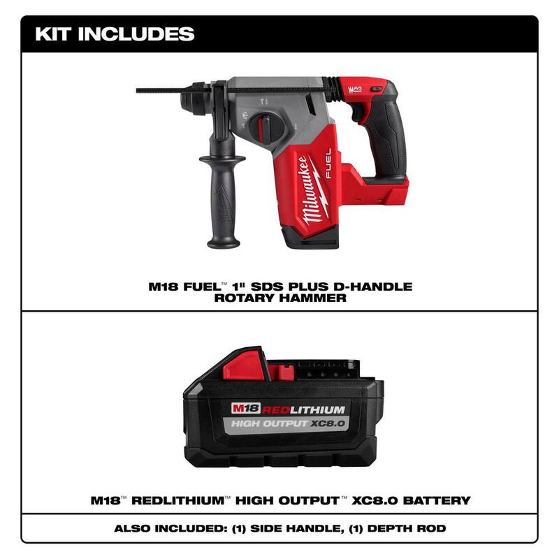 Martillo rotativo inalámbrico sin escobillas Milwaukee M18 FUEL de 18V de iones de litio con mandril SDS-Plus de 1 pulgada y batería de alto rendimiento XC 8.0 Ah - 2912-20-48-11-1880