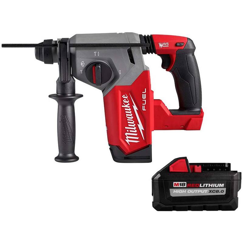 Martillo rotativo inalámbrico sin escobillas Milwaukee M18 FUEL de 18V de iones de litio con mandril SDS-Plus de 1 pulgada y batería de alto rendimiento XC 8.0 Ah - 2912-20-48-11-1880