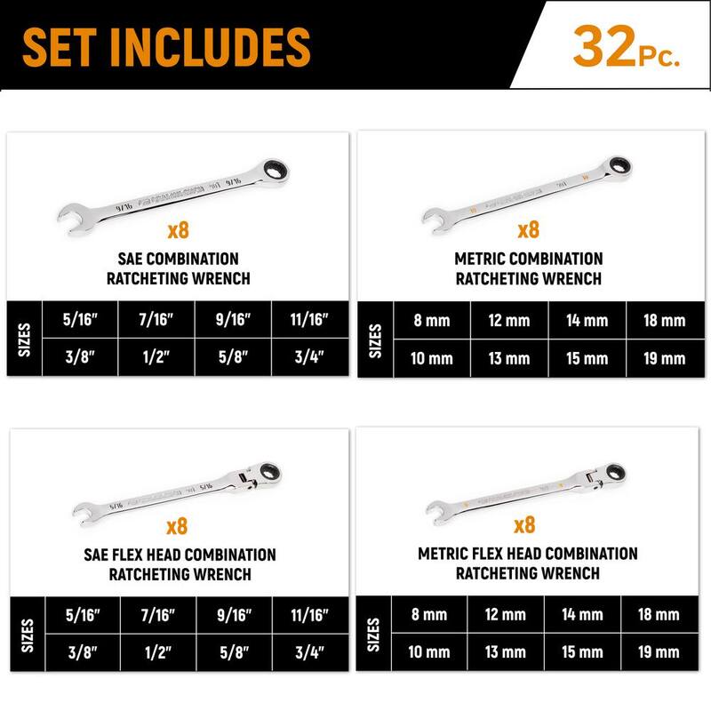 Juego de llaves combinadas de trinquete estándar y flexibles SAE/MM Master de GEARWRENCH (32 piezas) - 86667COMBO