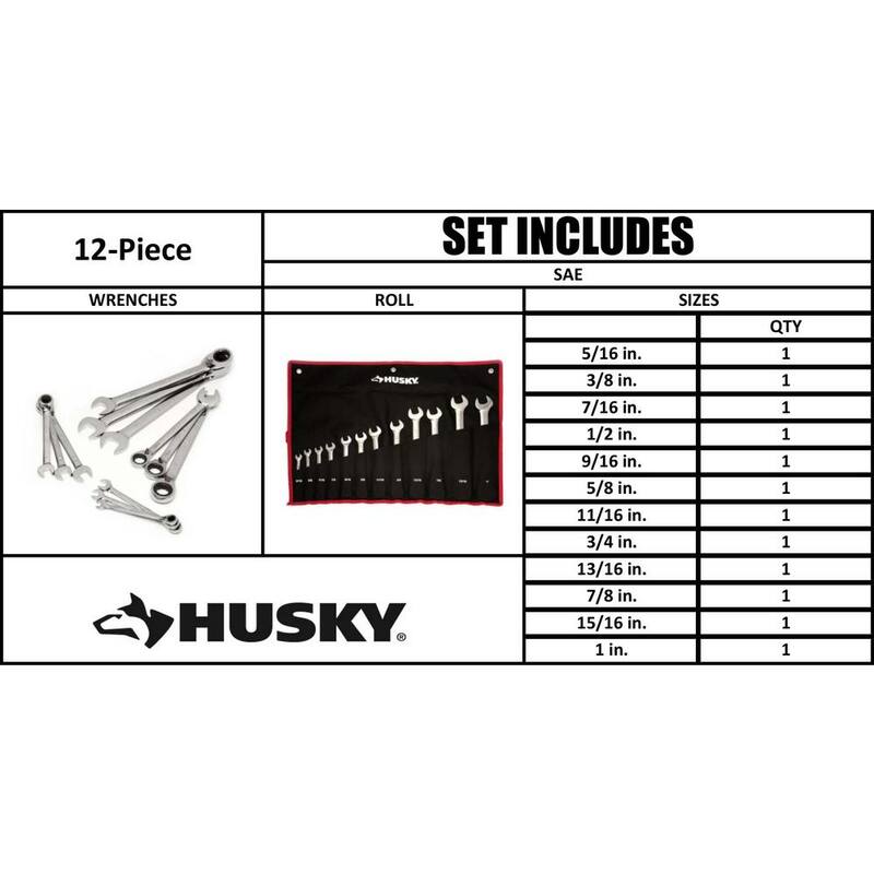 Juego de llaves de trinquete reversibles Husky de 72 dientes de medida SAE (12 piezas) - HRRW12PCSAE