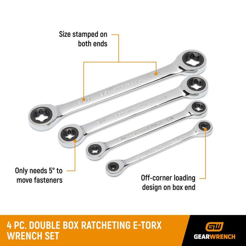 Juego de llaves de trinquete de doble extremo de caja con 72 dientes y 6 puntos E-Torx (4 piezas) - 9224D
