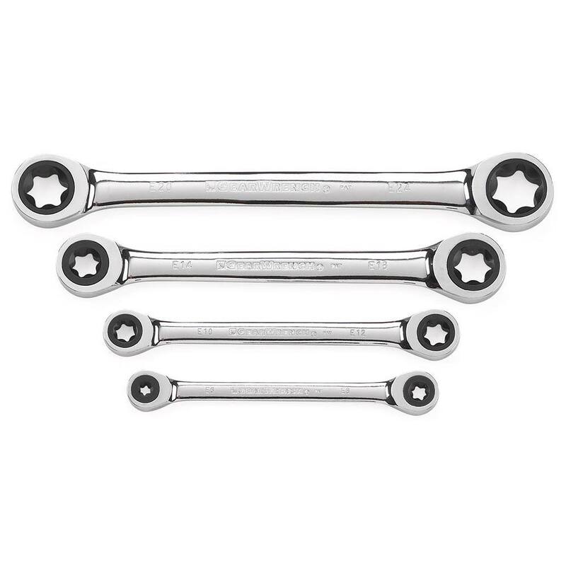 Juego de llaves de trinquete de doble extremo de caja con 72 dientes y 6 puntos E-Torx (4 piezas) - 9224D