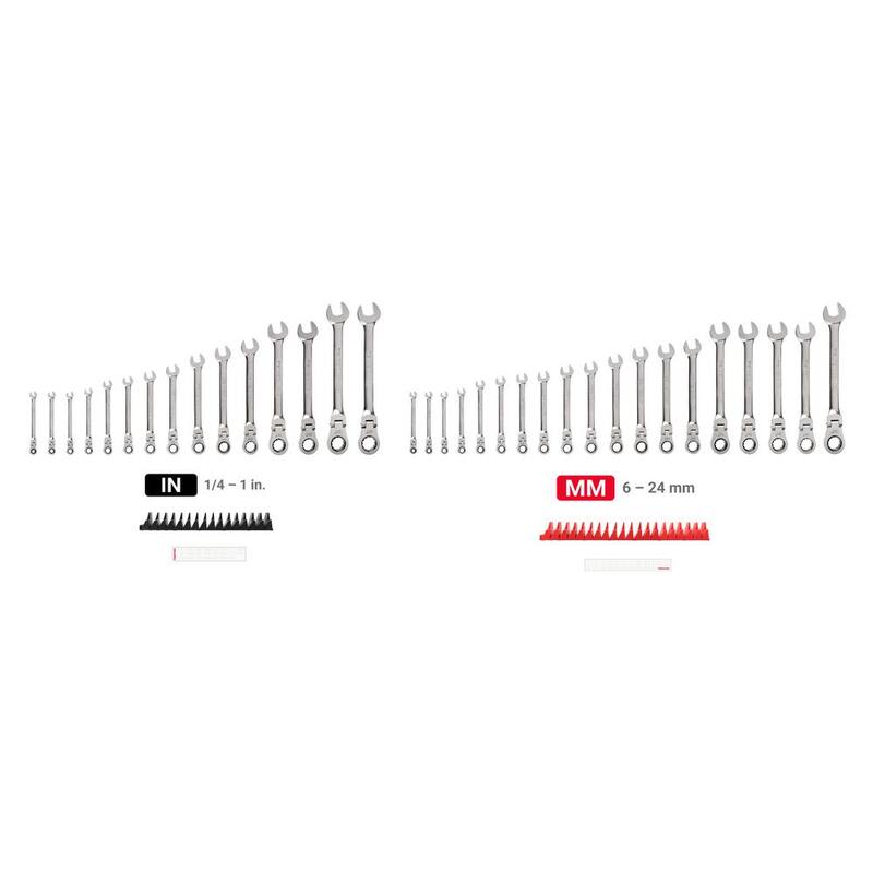Set de llaves combinadas de trinquete de 12 puntos con cabezal flexible TEKTON de 34 piezas (1/4-1 pulg., 6-24 mm) con organizador modular ranurado - WRC95305