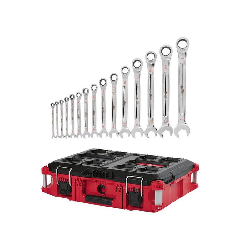 Juego de llaves de trinquete combinadas Milwaukee SAE (15 piezas) con caja de herramientas PACKOUT de 22 pulgadas - 48-22-9416-48-22-8424