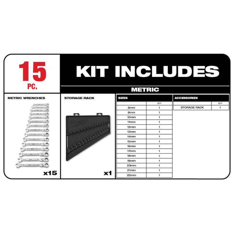 Set de llaves combinadas articuladas de 144 posiciones Milwaukee métrico con set de desarmadores (25 piezas) - 48-22-9513-48-22-2710