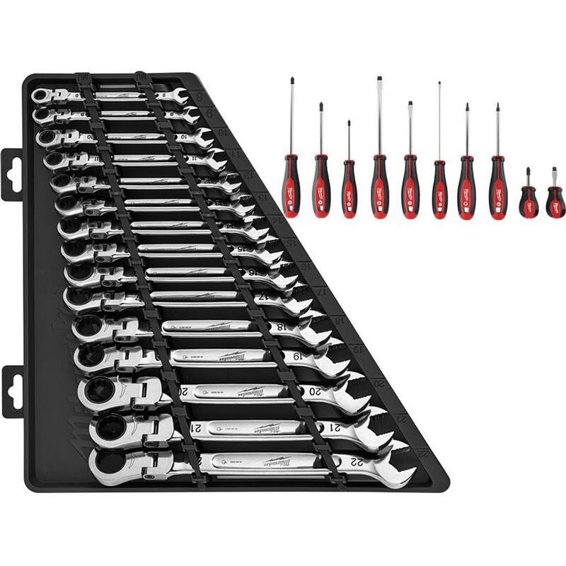 Set de llaves combinadas articuladas de 144 posiciones Milwaukee métrico con set de desarmadores (25 piezas) - 48-22-9513-48-22-2710
