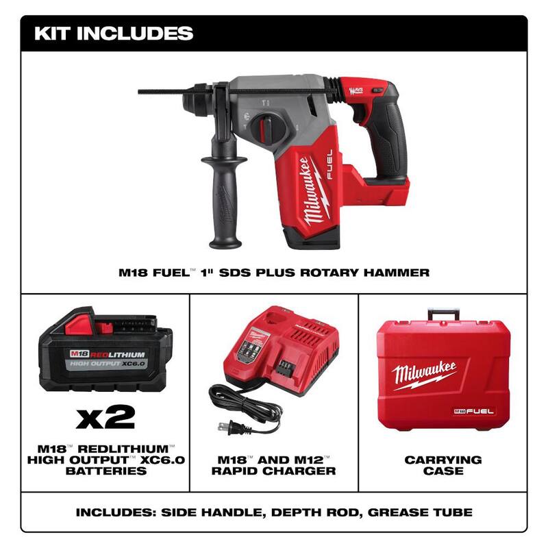 Martillo rotativo inalámbrico Milwaukee M18 FUEL 18V de 1 pulgada con tecnología de cepillo de litio-ion sin escobillas SDS-Plus Kit con dos baterías de 6.0 Ah, estuche rígido - 2912-22.