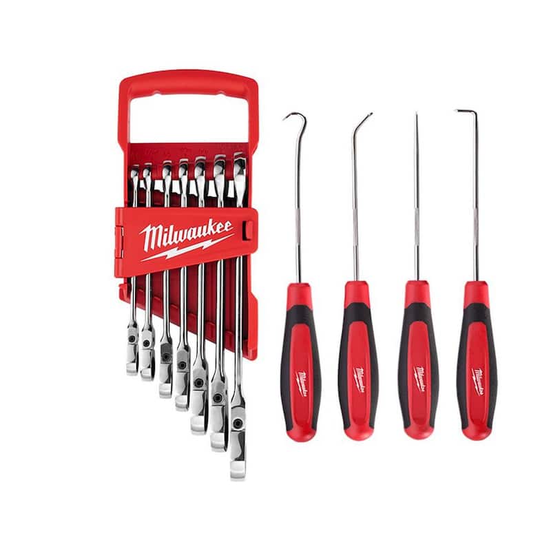 Juego de llaves de combinación con trinquete y cabezal flexible de 144 posiciones Milwaukee SAE con juego de ganchos y punzones (11 piezas) - 48-22-9429-48-22-9215