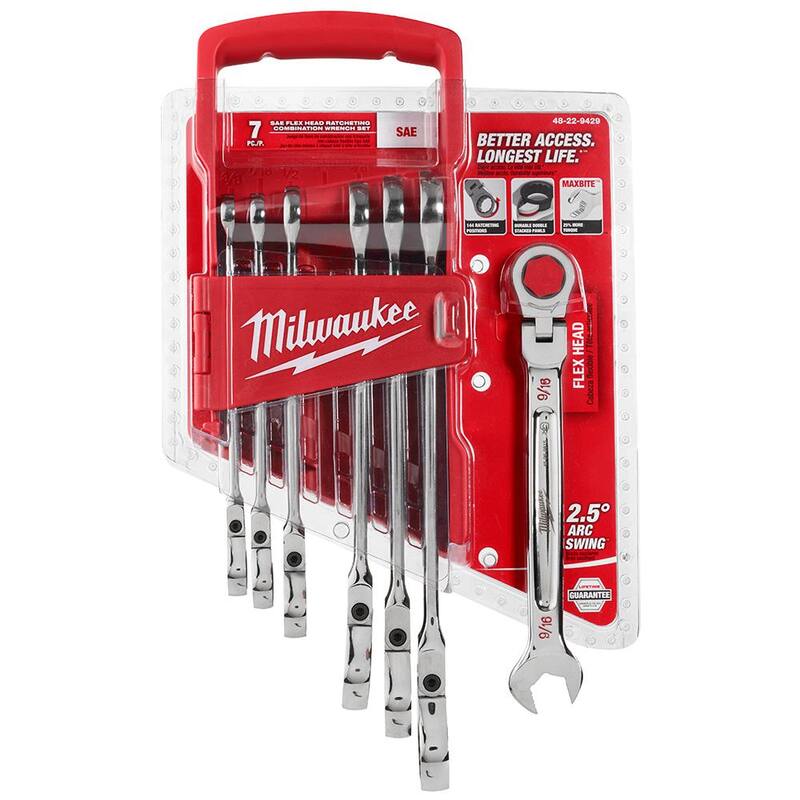 Juego de llaves de combinación con trinquete y cabezal flexible de 144 posiciones Milwaukee SAE con juego de ganchos y punzones (11 piezas) - 48-22-9429-48-22-9215