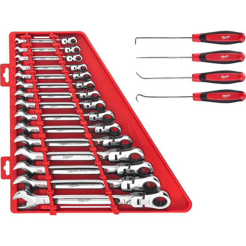 Juego de llaves de trinquete combinadas con cabezal flexible de 144 posiciones Milwaukee en sistema SAE con juego de ganchos y púas (19 piezas) - 48-22-9413-48-22-9215