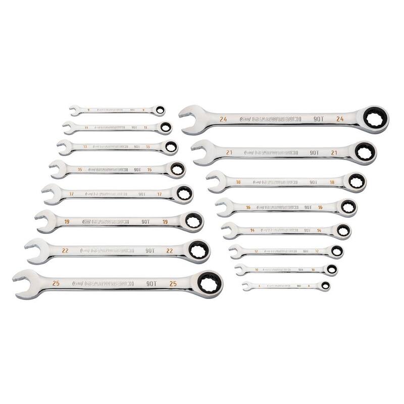Juego de herramientas GEARWRENCH Métrico de Llaves de Trinquete Combinadas de 90 dientes (16 piezas) - 86928