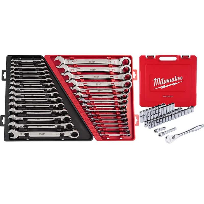 Llaves de trinquete combinadas SAE/Métricas de Milwaukee con unidad de 1/2 pulgada, juego de herramientas mecánicas de trinquete y llave de vaso SAE/Métrico (77 piezas) - 48-22-9416-48-22-9516-48-22-9010