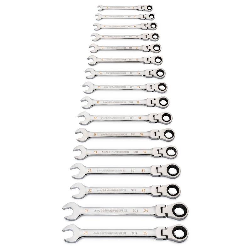 Juego de herramientas GEARWRENCH de llaves de trinquete combinadas con cabeza flexible Métricas de 90 dientes (16 piezas) - 86728