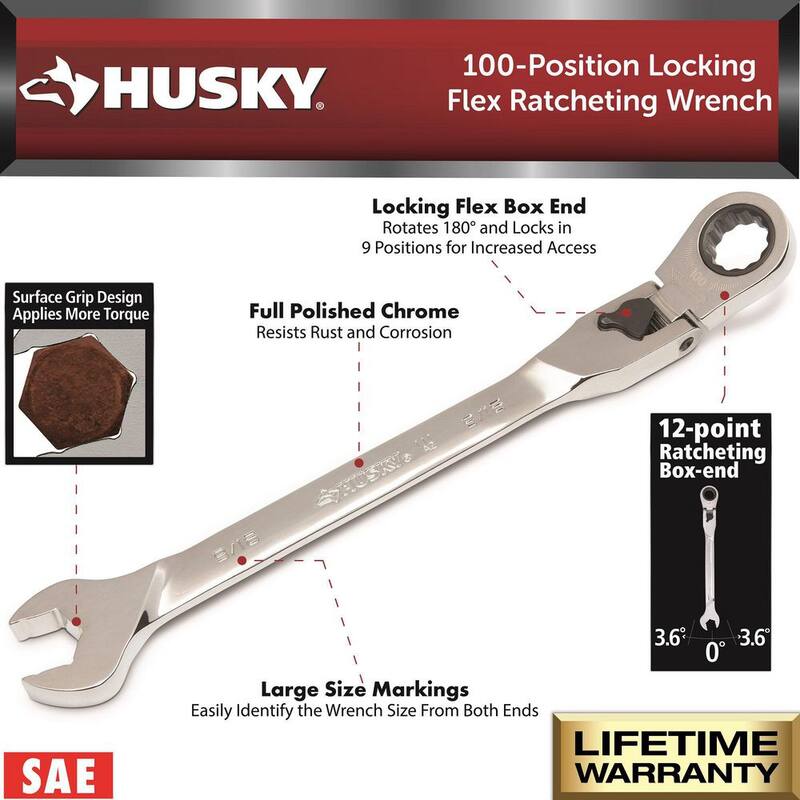 Juego de llaves combinadas Husky de 100 posiciones con trinquete y bloqueo flexible cromado (6 piezas) - H100CFLRW6PCSAE.