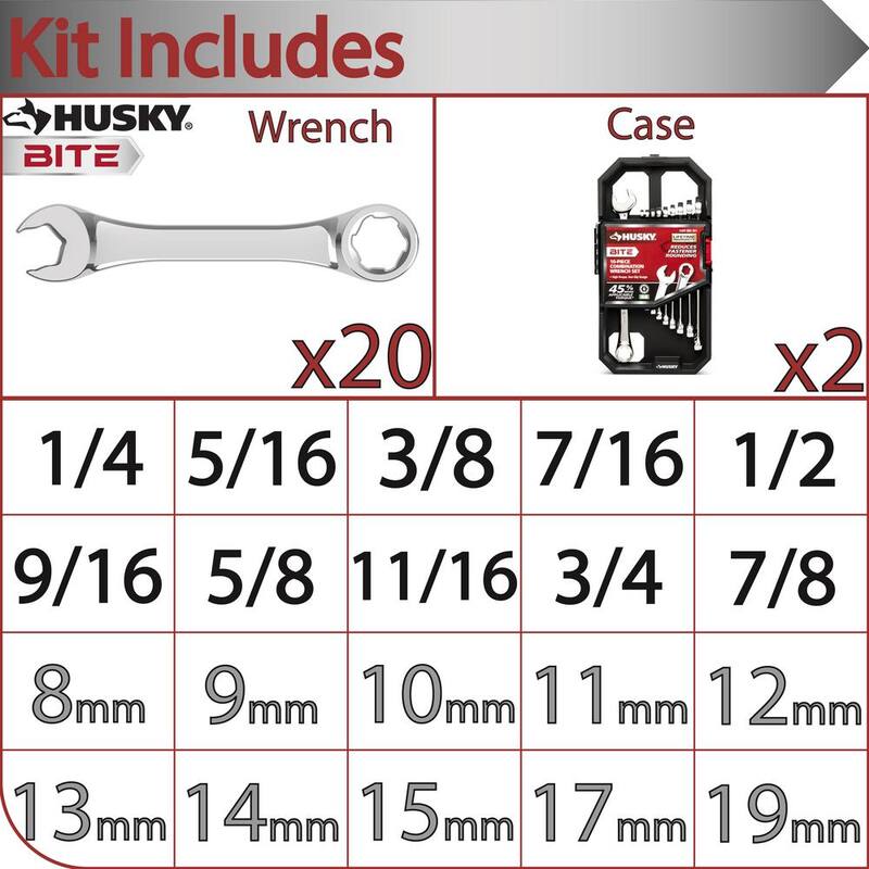 Juego de llaves combinadas Husky BITE SAE y métricas (20 piezas) - HBCW20XLSMCB
