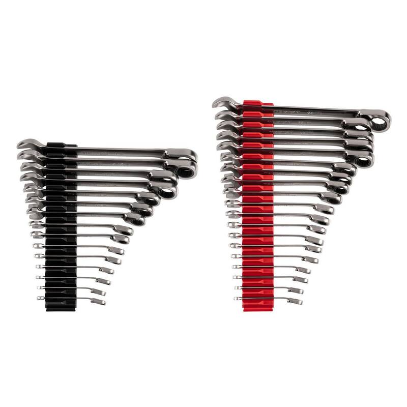 Set de llaves combinadas reversibles de trinquete de 12 puntos TEKTON de 34 piezas (1/4-1 pulg, 6-24 mm) con organizador modular ranurado - WRC94305.