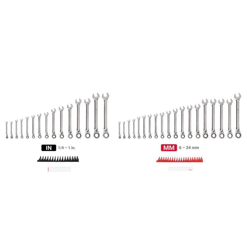 Set de llaves combinadas reversibles de trinquete de 12 puntos TEKTON de 34 piezas (1/4-1 pulg, 6-24 mm) con organizador modular ranurado - WRC94305.