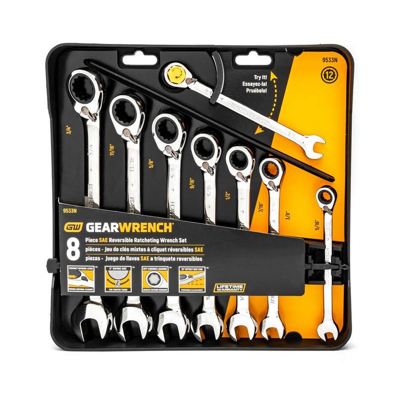 Juego de llaves mixtas de trinquete reversible de 12 puntos SAE con 72 dientes GEARWRENCH (8 piezas) - 9533N.