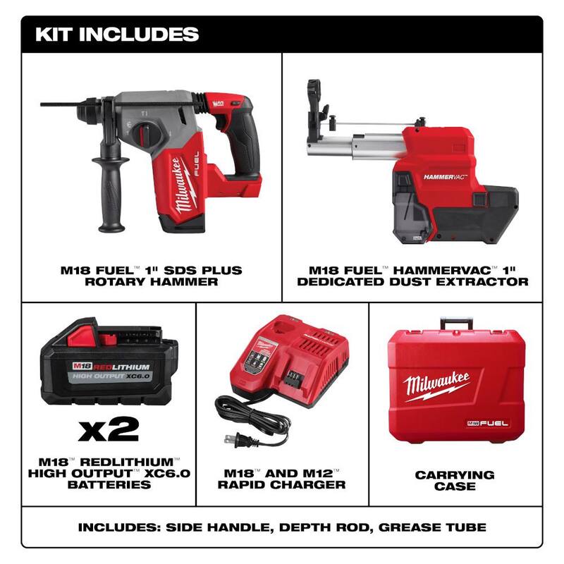Milwaukee M18 FUEL 18V Lithium-Ion Brushless 1 in. Martillo rotativo SDS-Plus inalámbrico/Kit de extractor de polvo, dos baterías de 6.0 Ah - 2912-22DE