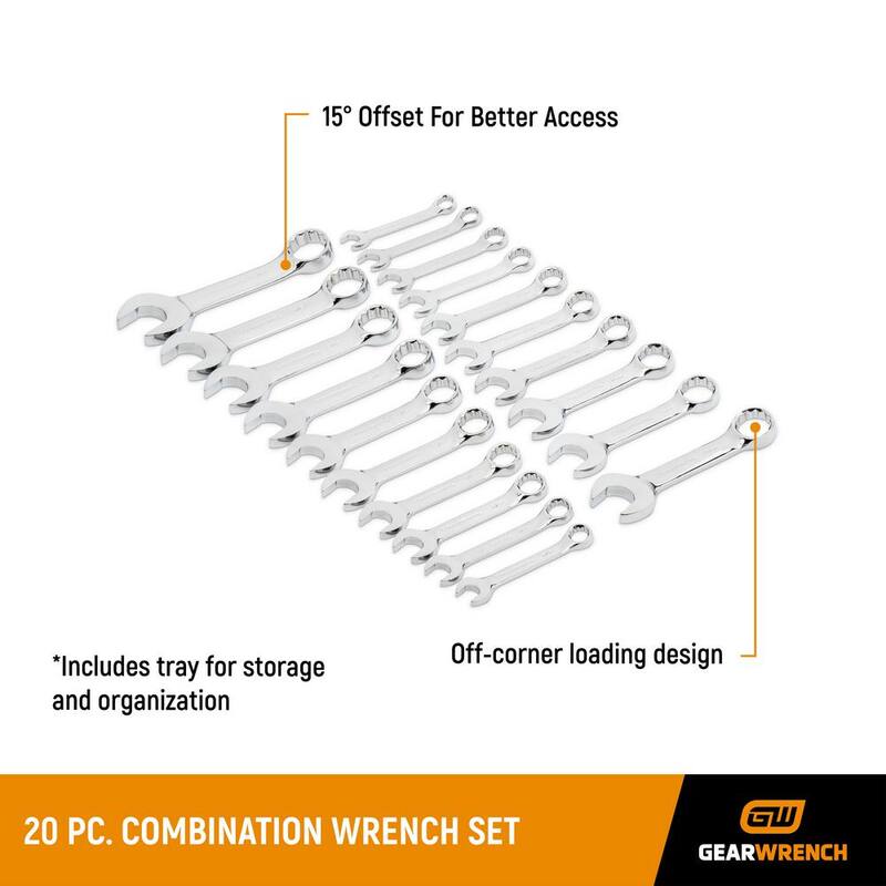 Juego de llaves combinadas STUBBY de 12 puntos GEARWRENCH SAE/métricas (20 piezas) - 81903