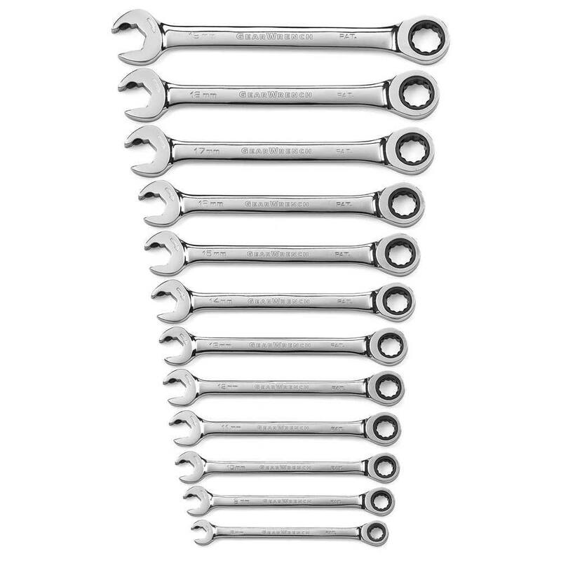 Juego de llaves de trinquete combinadas abiertas y de caja métricas GEARWRENCH de 72 dientes (12 piezas) - 85597.