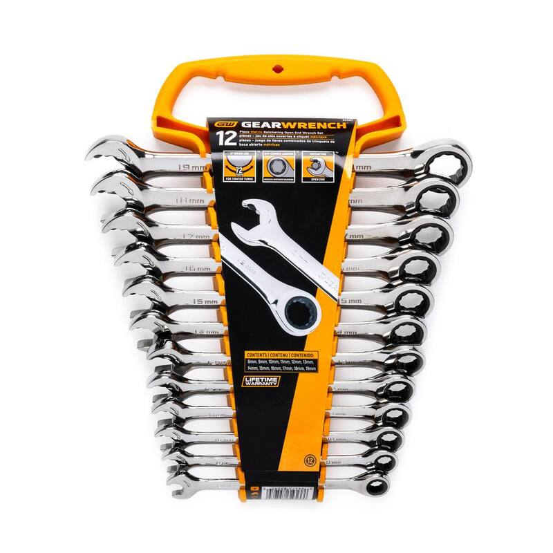 Juego de llaves de trinquete combinadas abiertas y de caja métricas GEARWRENCH de 72 dientes (12 piezas) - 85597.