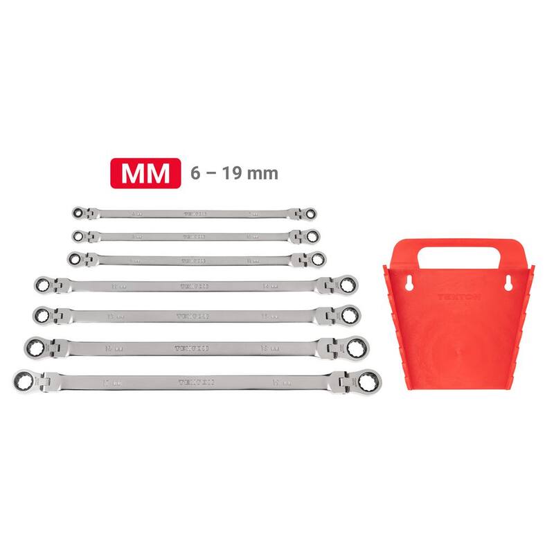 Juego de llaves de extremo de caja con trinquete de 12 puntos de cabeza flexible TEKTON, 7 piezas (6-19 mm) con soporte - WRB96201