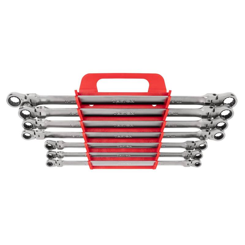 Juego de llaves de extremo de caja con trinquete de 12 puntos de cabeza flexible TEKTON, 7 piezas (6-19 mm) con soporte - WRB96201
