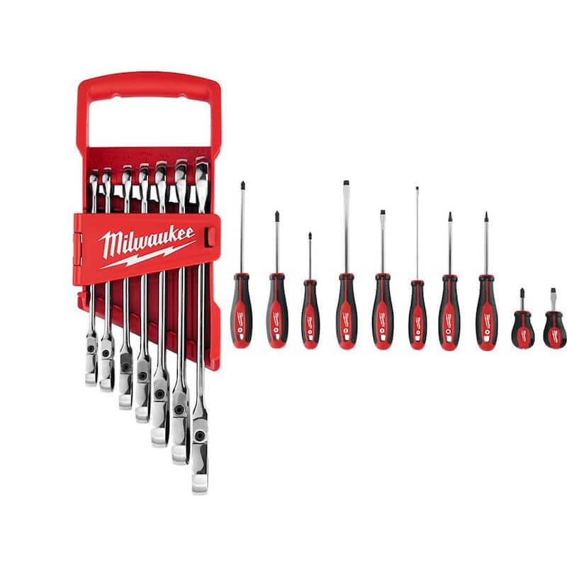 Juego de llaves combinadas Milwaukee de trinquete de cabeza flexible de 144 posiciones SAE con juego de destornilladores (17 piezas) - 48-22-9429-48-22-2710