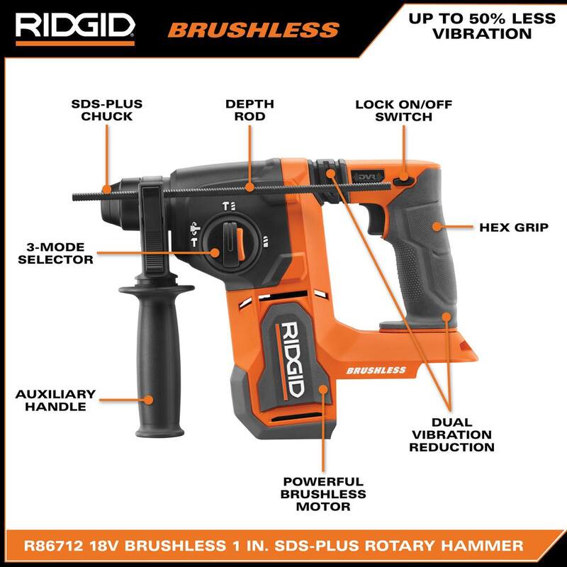 Martillo demoledor rotativo RIDGID inalámbrico de 18V con tecnología sin escobillas (Herramienta única) - R86712B