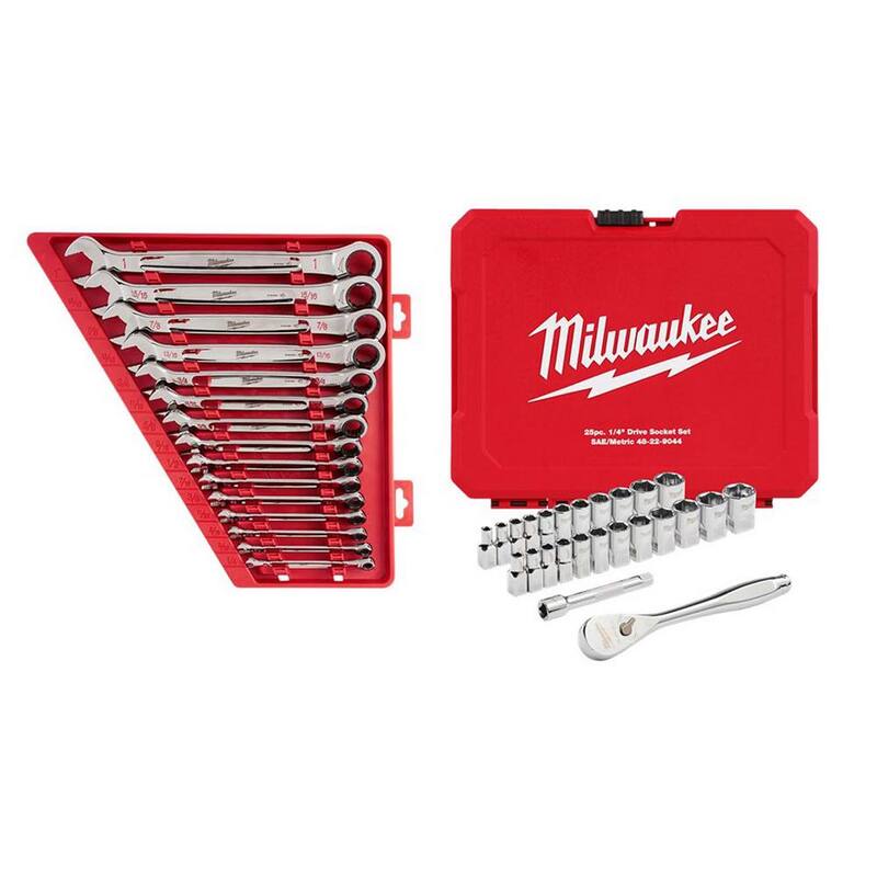 Juego de llaves combinadas con trinquete SAE Milwaukee con trinquete métrico SAE/Métrico de 1/4 de pulgada y juego de herramientas de mecánica de socket (40 piezas) - 48-22-9416-48-22-9044