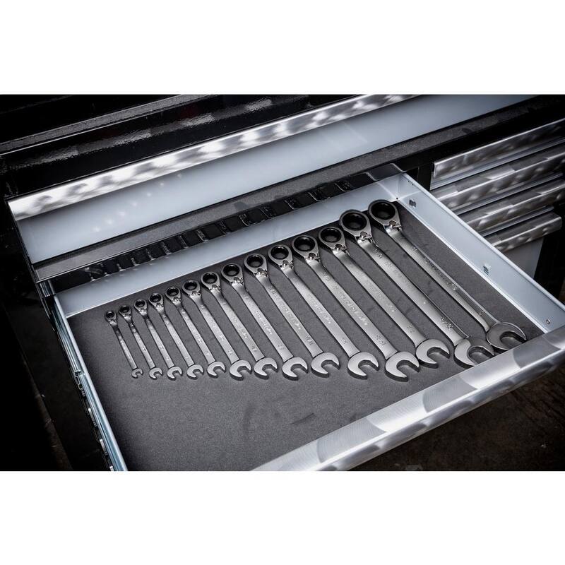 Juego de llaves de trinquete reversibles de 12 puntos y 90 dientes GEARWRENCH SAE con estante (14 piezas) - 86660