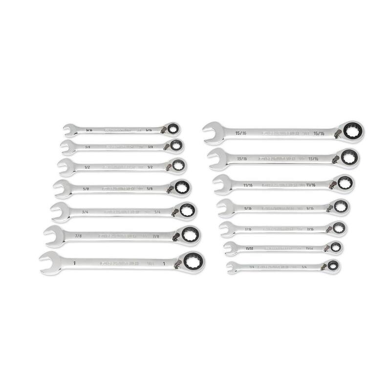 Juego de llaves de trinquete reversibles de 12 puntos y 90 dientes GEARWRENCH SAE con estante (14 piezas) - 86660