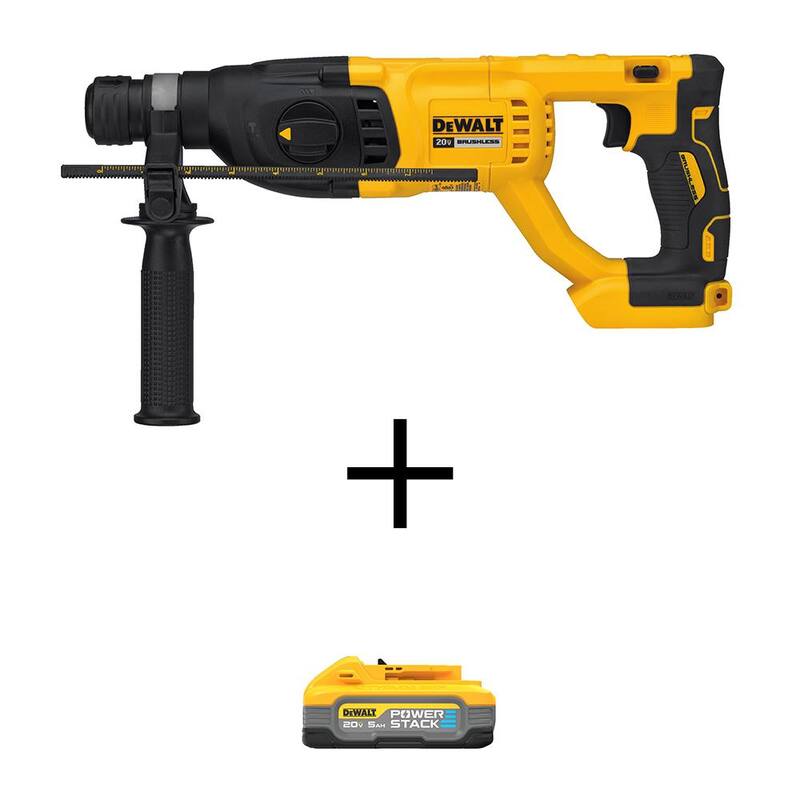 Martillo rotativo inalámbrico DEWALT 20V MAX de iones de litio de 1 pulgada con motor sin escobillas y mango en D SDS Plus para concreto y albañilería con batería de 20V 5Ah - DCH133BWDCBP520