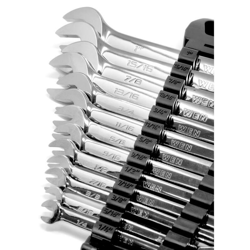 Set de llaves mixtas de trinquete reversibles de calidad profesional de 13 piezas WEN con rack de almacenamiento - WR132