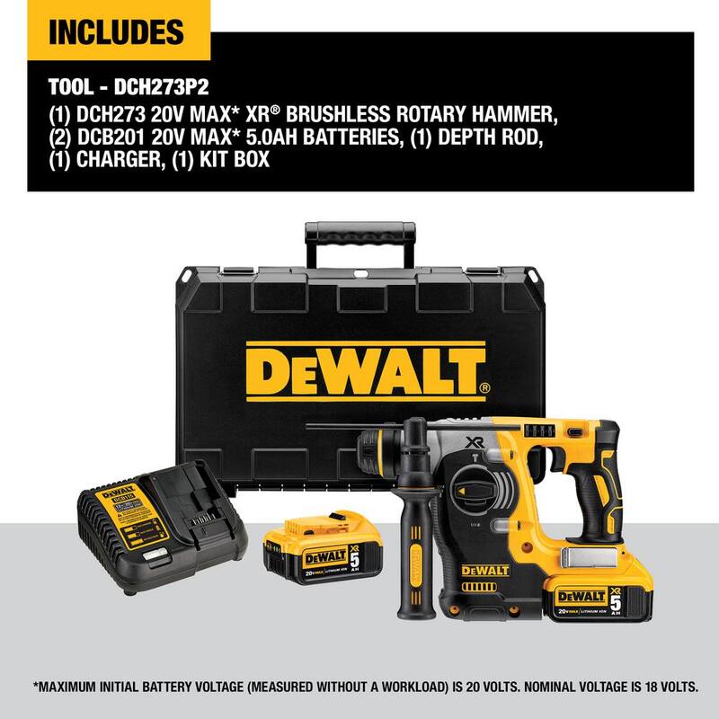 Martillo rotativo SDS Plus en L de 1 pulgada sin escobillas inalámbrico DEWALT 20V MAX XR con (2) baterías de 20V 5.0Ah y cargador - DCH273P2
