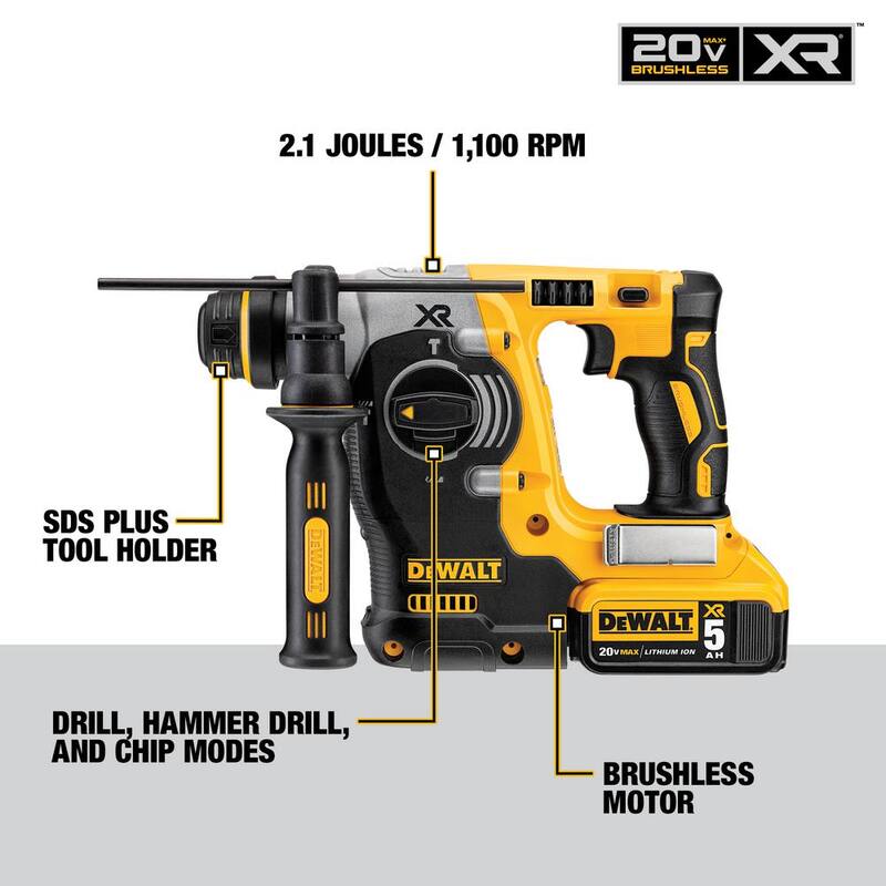 Martillo rotativo SDS Plus en L de 1 pulgada sin escobillas inalámbrico DEWALT 20V MAX XR con (2) baterías de 20V 5.0Ah y cargador - DCH273P2
