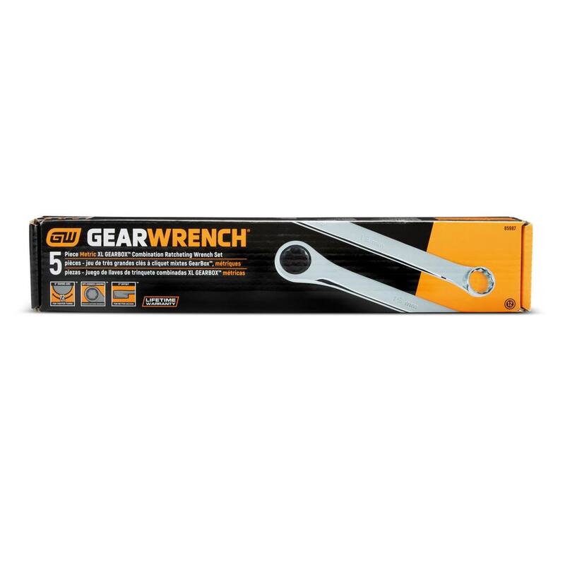 Juego de llaves combinadas de trinquete GearWrench de doble caja métricas de 12 puntos XL GearBox de 72 dientes (5 piezas) - 85987