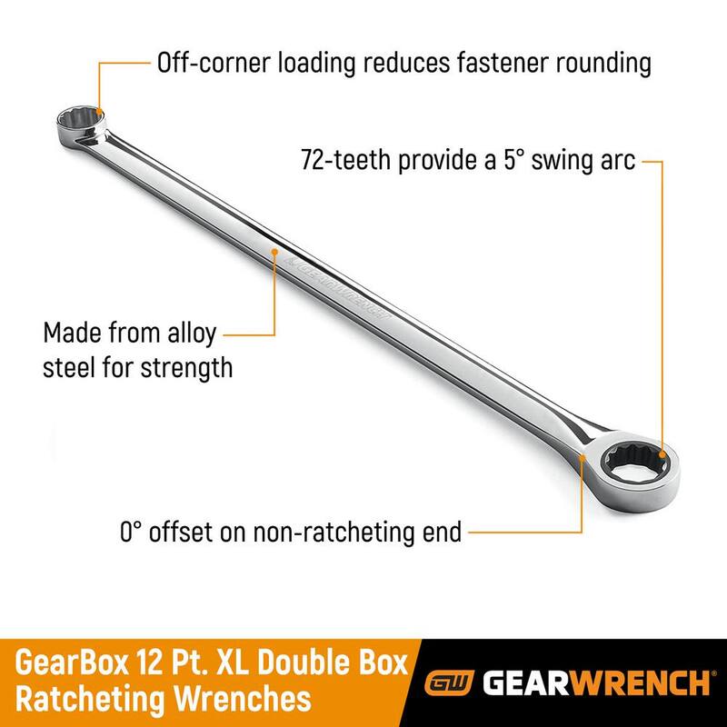 Juego de llaves combinadas de trinquete GearWrench de doble caja métricas de 12 puntos XL GearBox de 72 dientes (5 piezas) - 85987