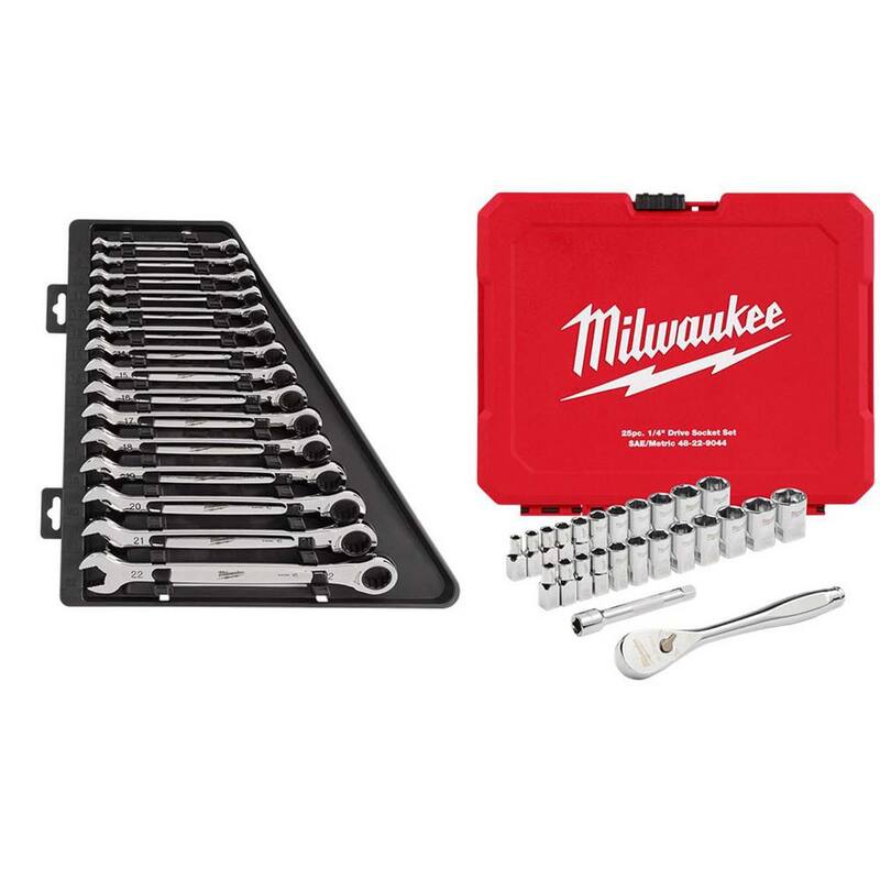 Juego de Llaves Combinadas Métricas con Trinquete Milwaukee con 1/4 pulgadas de Llave de Trinquete SAE/Métrica y Set de Herramientas de Mecánica con Ratchet y Socket (40 Piezas) - 48-22-9516-48-22-9044